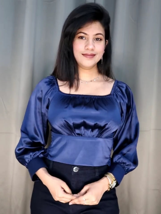 Navy Blue Off Shoulder Satin Top