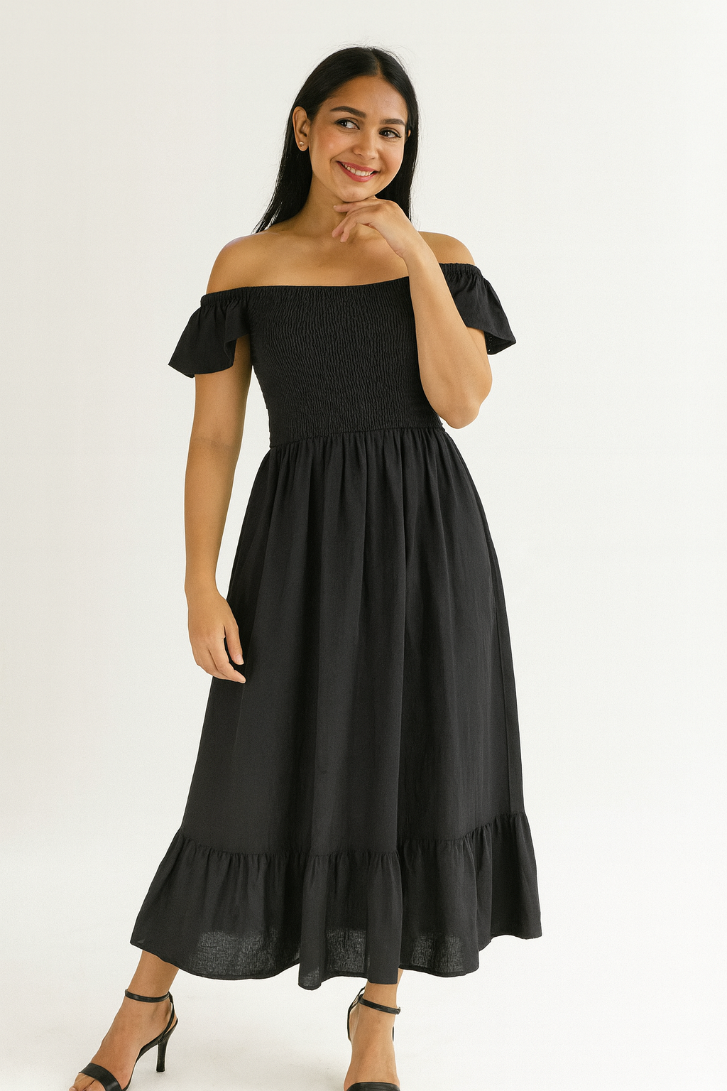 Linen Black Smocked Dress