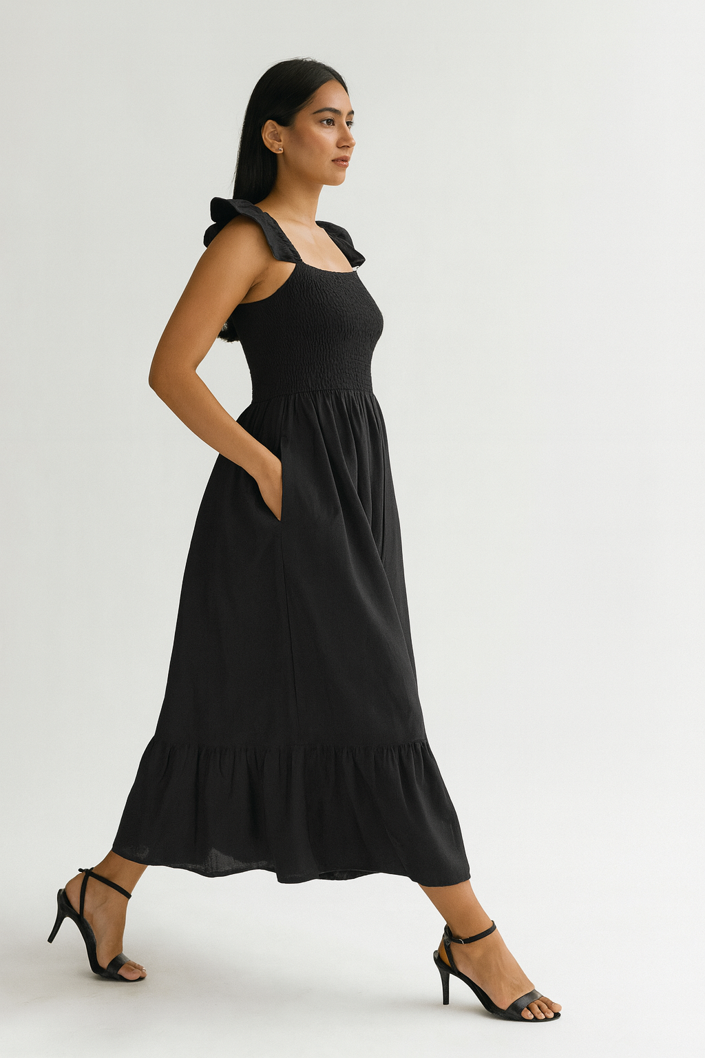Linen Black Smocked Dress