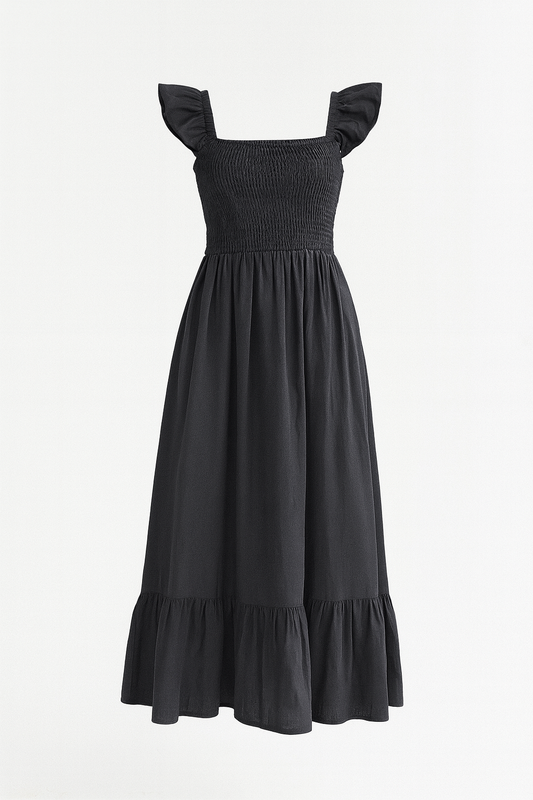 Black Linen Smocked Dress