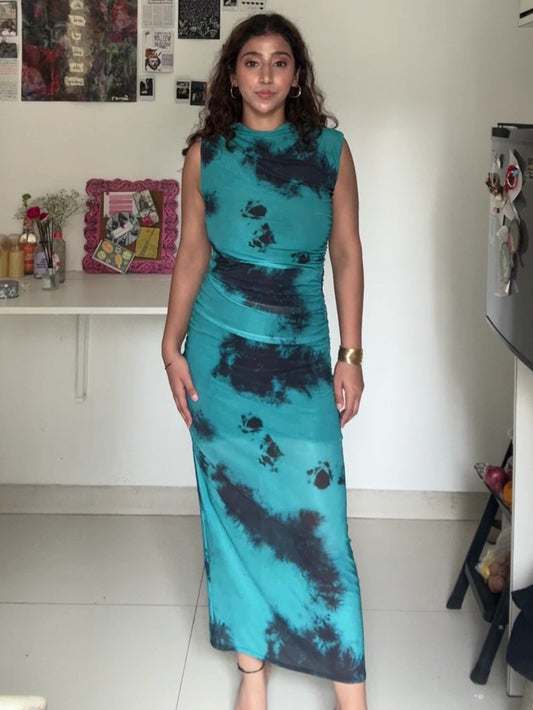 Esha's Choice- Blue Turtle Neck Mesh Dress