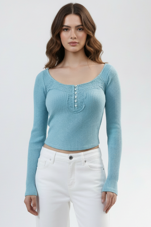 Laced Ribbed Full Sleeves Top