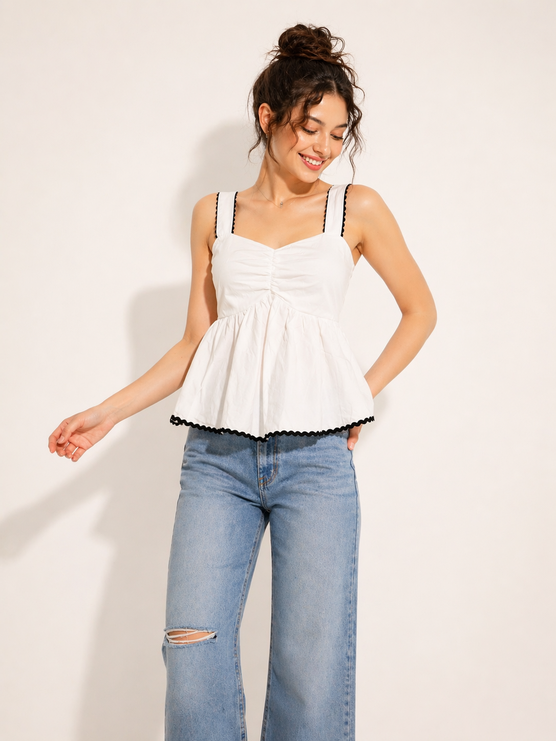 White Cotton Peplum Top