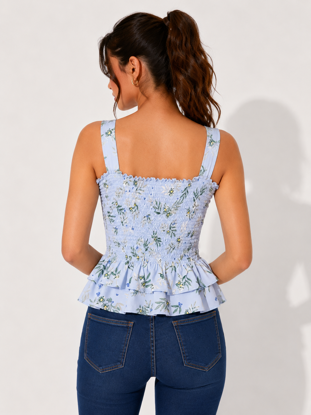 Blue Floral Elastic Strap Top
