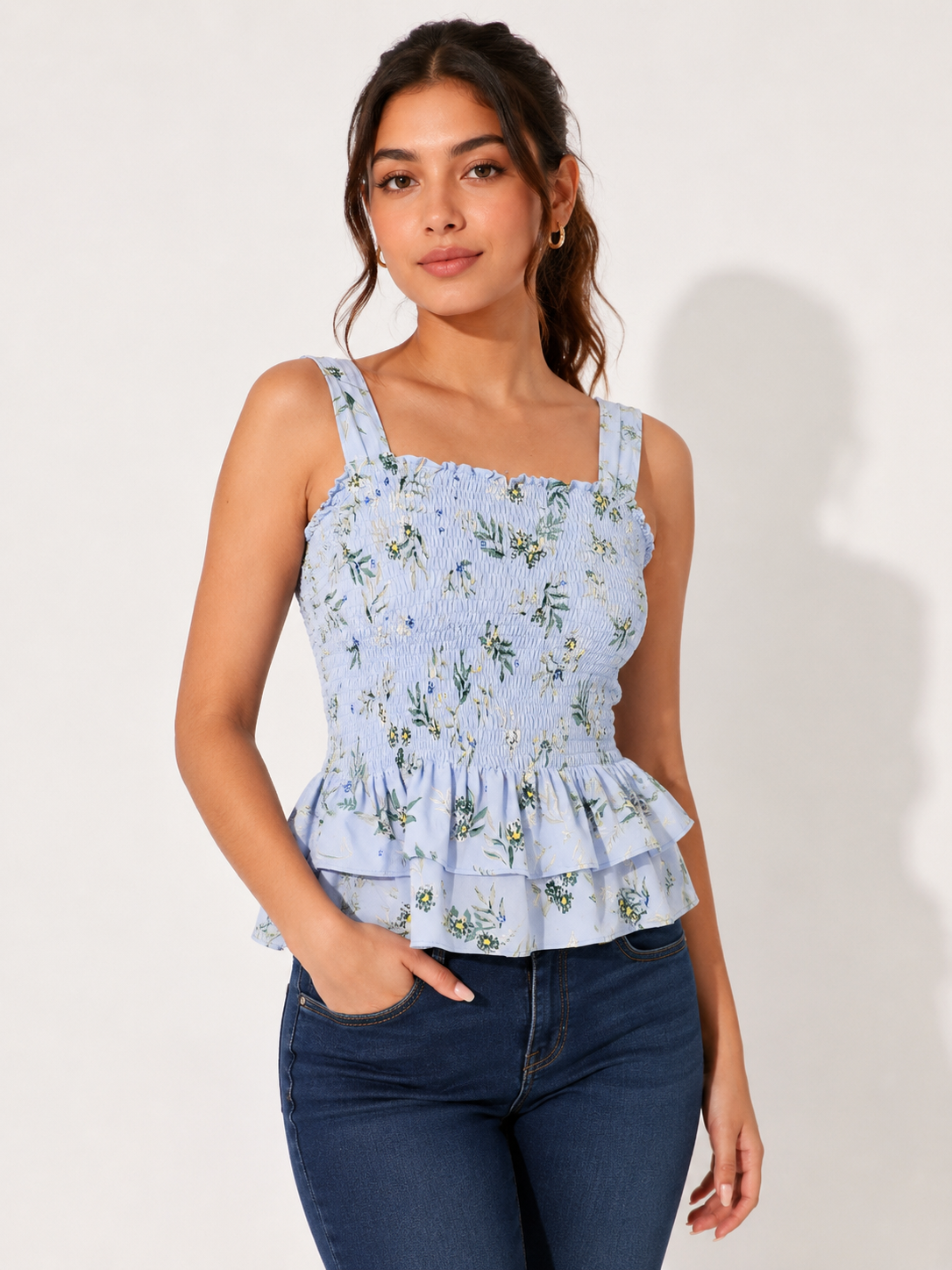 Blue Floral Elastic Strap Top