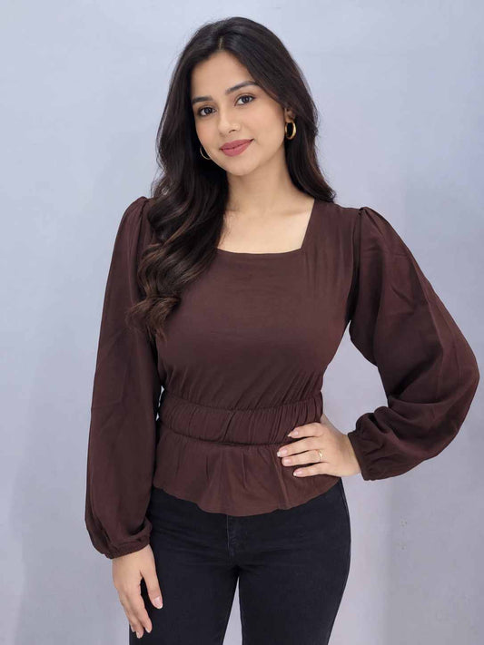 Brown Puff Sleeves Top