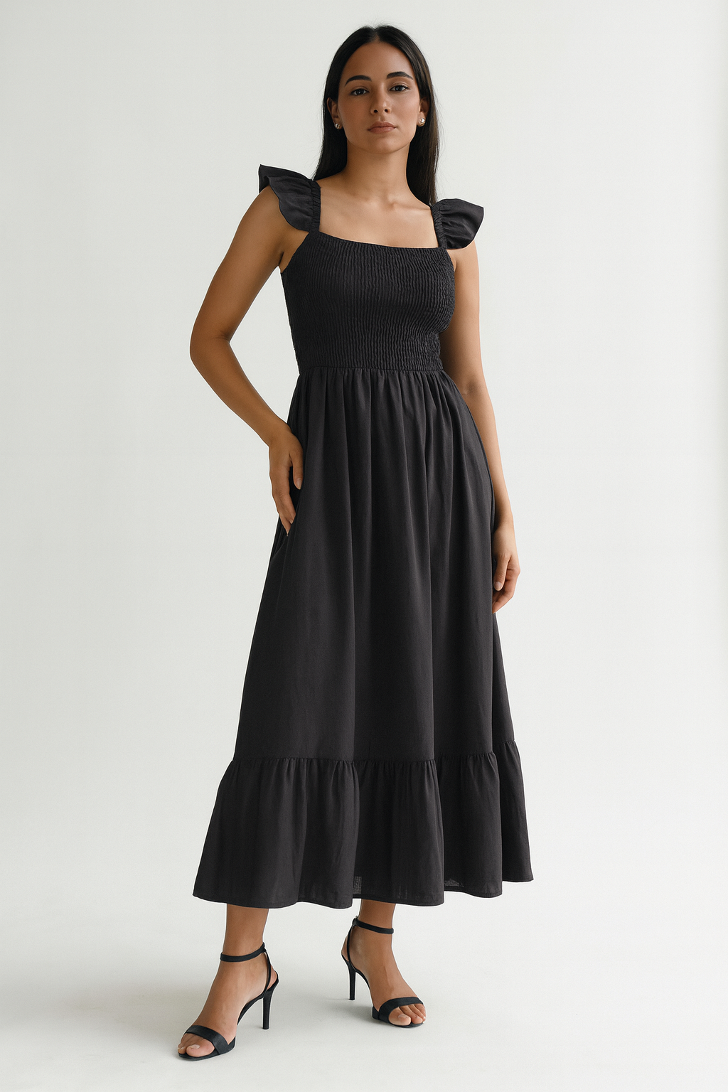 Black Linen Smocked Dress - S/M Black Linen Smocked Dress - S/M