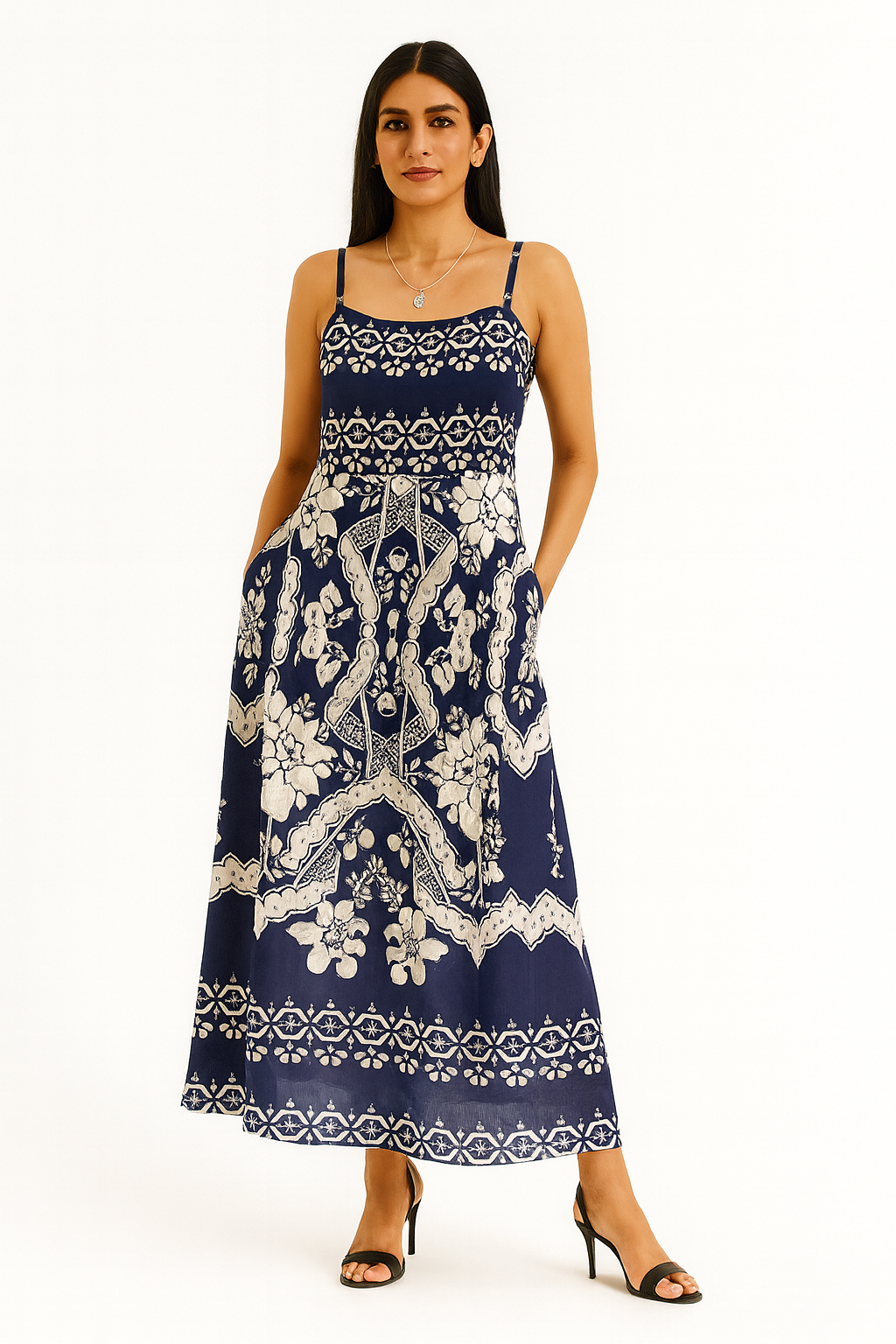 navy blue printed maxi dress Navy Blue Cotton Maxi Dress – Ilaira