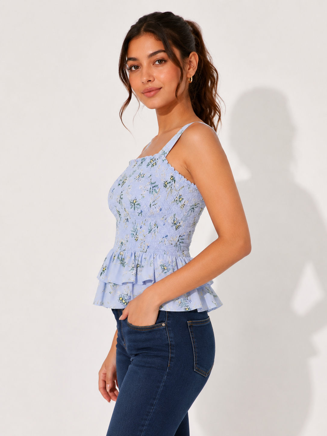 Blue Floral Elastic Strap Top