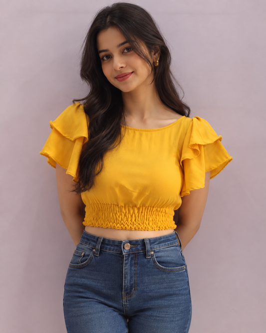 Mustard Frill Sleeves Crop Top