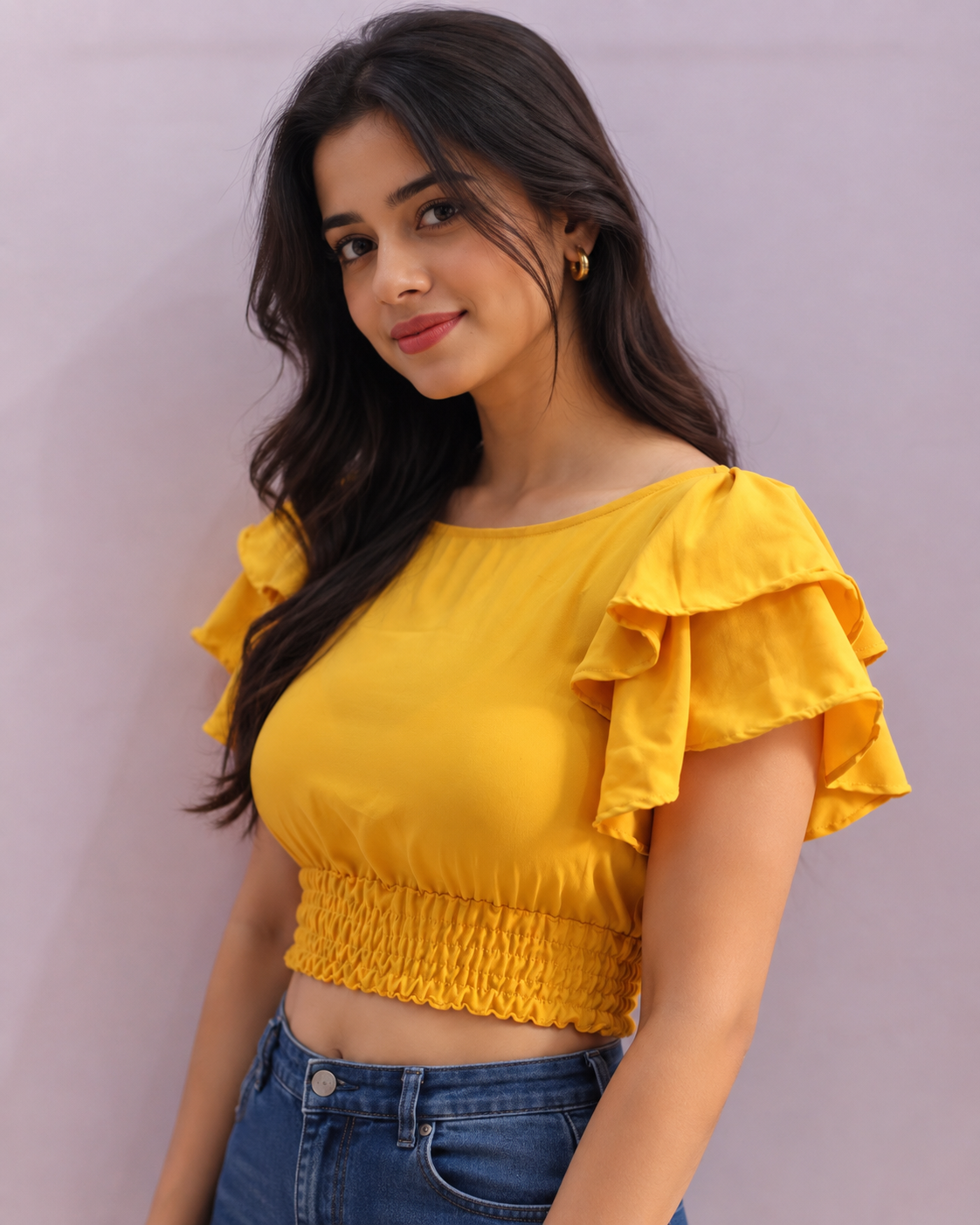 Mustard Frill Sleeves Crop Top