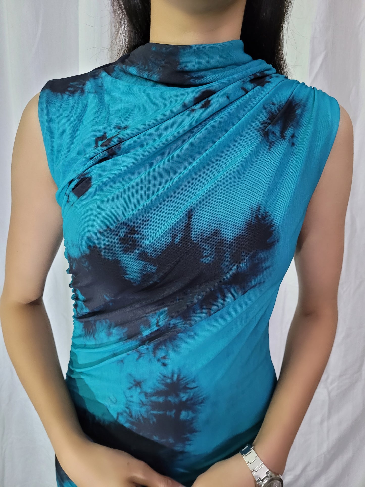 Esha's Choice- Blue Turtle Neck Mesh Dress